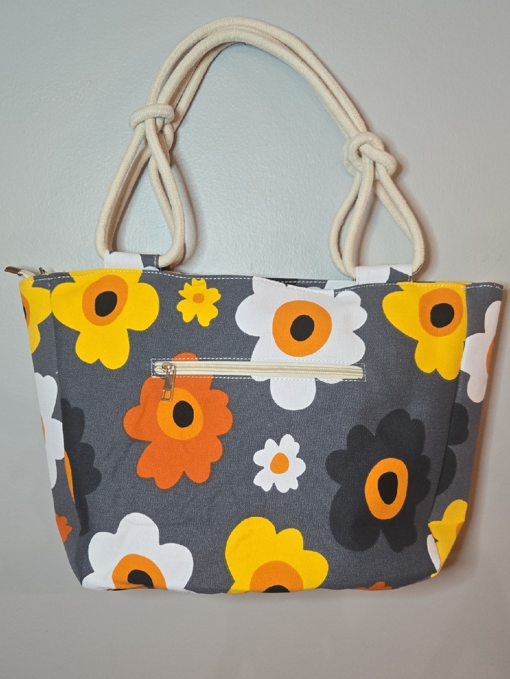 Farmhouse Is My Style Gray Orange Yellow Floral Canvas Tote Bag NEW